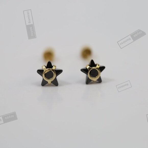 14K Solid Gold Star Stud Earrings • Black Cubic Zirconia Design • Modern Jewelry - Picture 3 of 8
